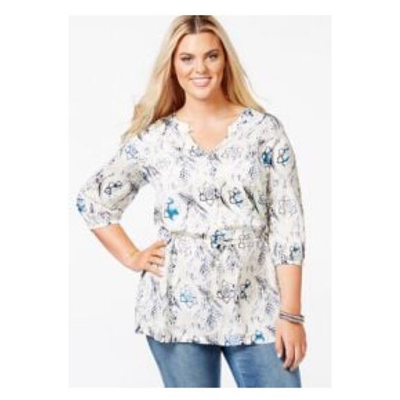 Melissa McCarthy Seven7 Tops - Melissa McCarthy Seven7 White&Blue Floral Tunic Blouse Sz.2X
